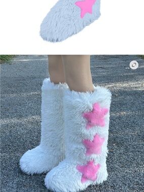 Cozy White Faux Fur Knee-High Boots with Pink Star Accents - Women